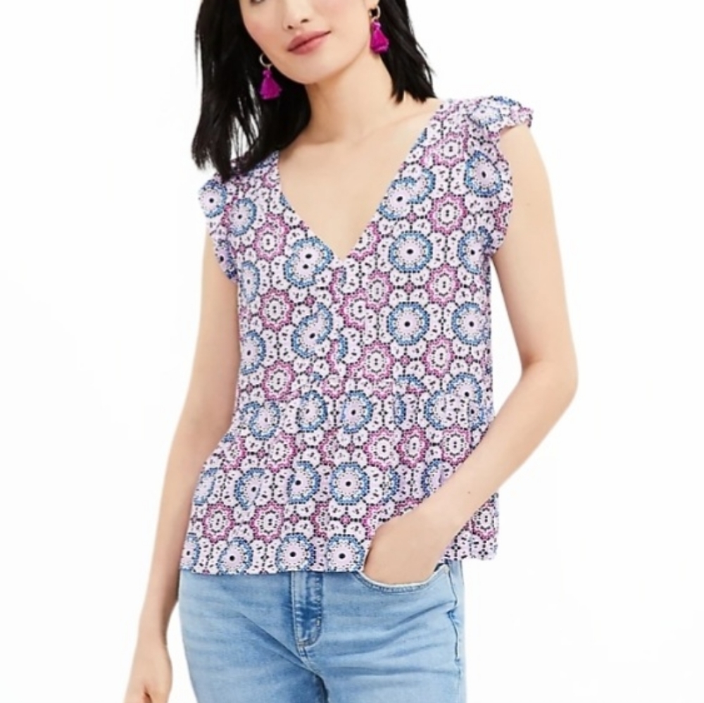 Loft Pullover Blouse Top Women's Size Small Mosaic Flutter Pepluim